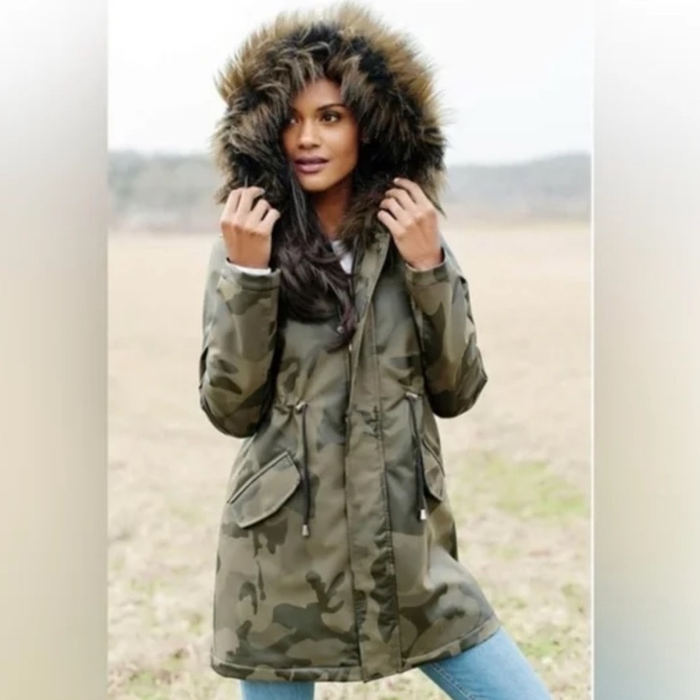 Fabulous furs Donna Salyers camo parka anorak water- resistant coat